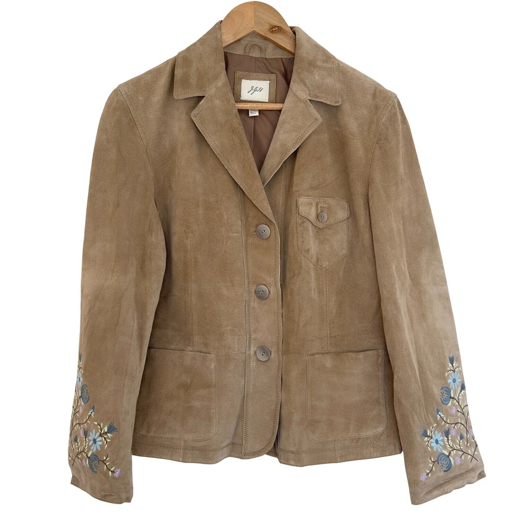 J. Jill Suede Leather Jacket M Petite Tan Embroidered Floral‎ Coattagecore Boho